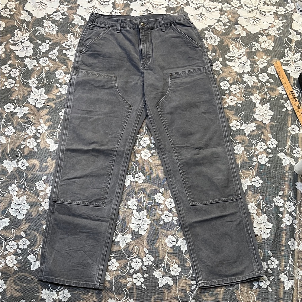 Vintage Carhartt Grey Double Knee Carpenter Dungaree Pants 33x34